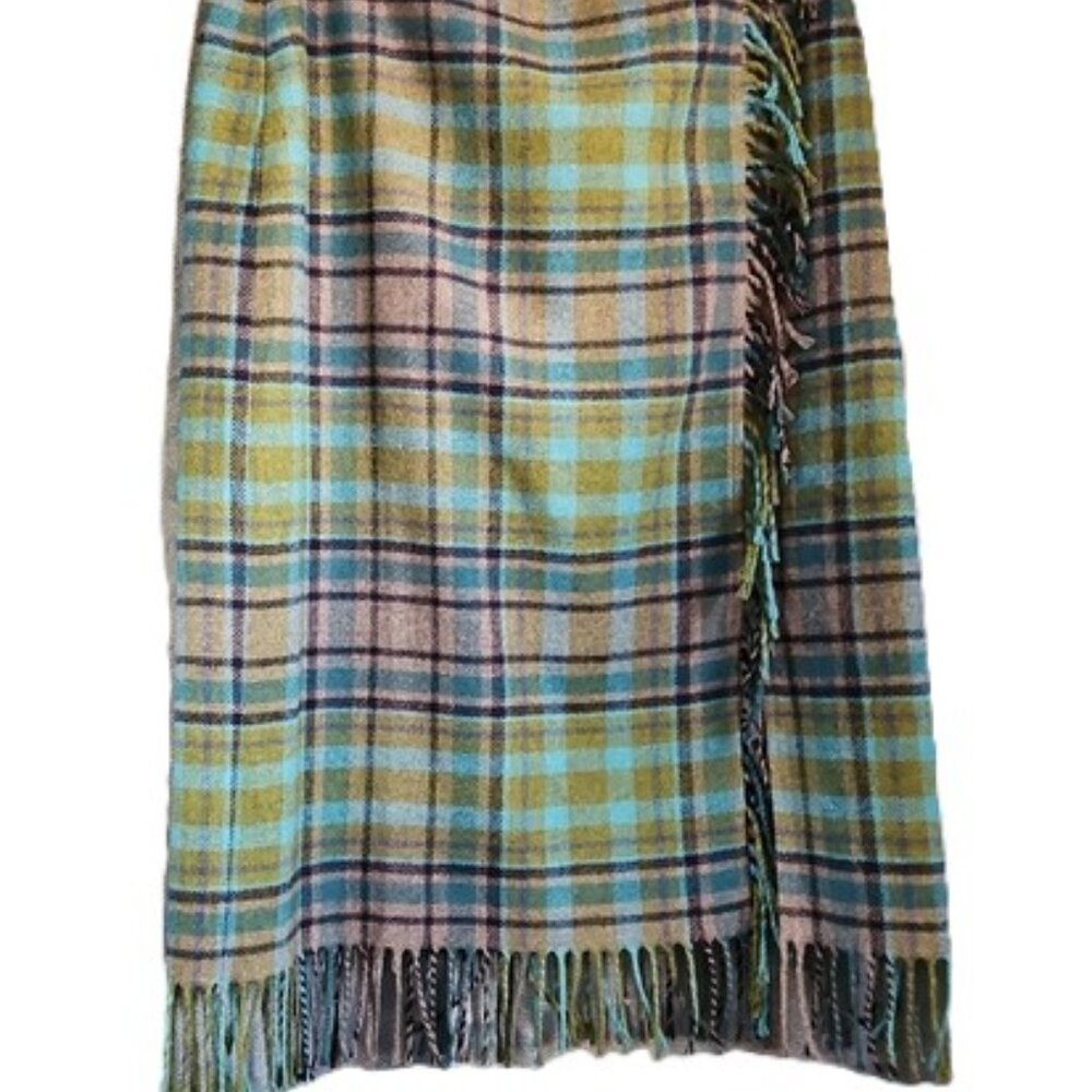 J. Jill Blue and Green Plain Fringed Faux Wrap Wool Blend Skirt - Size 10 - Picture 2 of 8